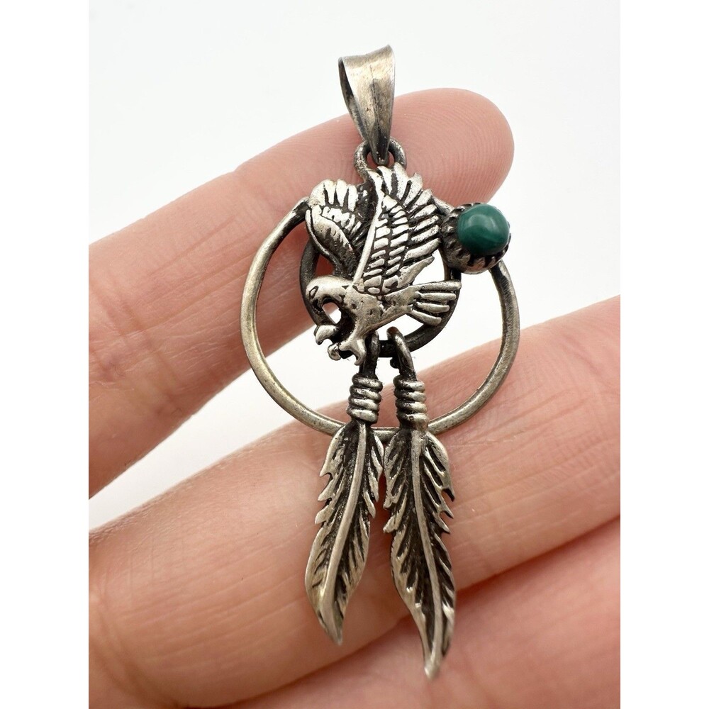 925 Sterling Silver Southwestern Eagle Malachite Feather Pendant